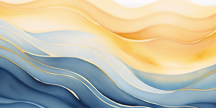 Abstract wave blue orange texture background for copy space text. Blue golden romantic sunset ocean cartoon pattern wave for pool party or ocean beach travel. Web mobile banner wavy lines backdrop