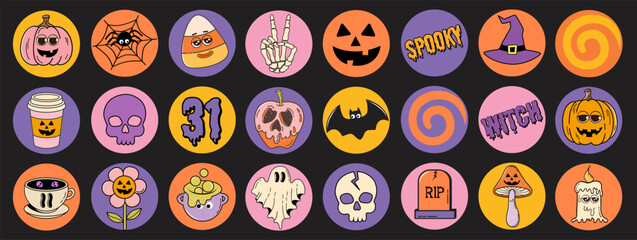 Fototapeta na wymiar Halloween circle stickers set. Trendy retro groovy style. Ghost, skeleton hand, pumpkin and etc. Retro vector Illustration.