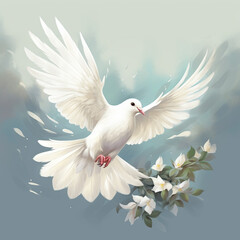 A white dove, with an olive branch in its beak. Recognized as a symbol of peace after the wars of the 20th century. This dove is of biblical origin