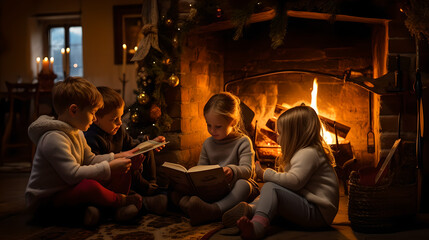 Fototapeta na wymiar Golden Moments by the Hearth: Christmas Magic in Children's Eyes