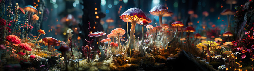 Close-Ups Of The Microscopic Fairy-Tale World Of Plants And Mushrooms. Soft Light Illuminates A Clearing With Unusual Mushrooms. Generative AI - obrazy, fototapety, plakaty