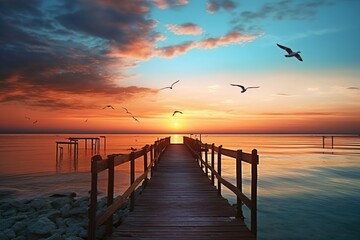 Obraz premium wooden dock pier on the water at sunset, sea summer background with beautiful landscape