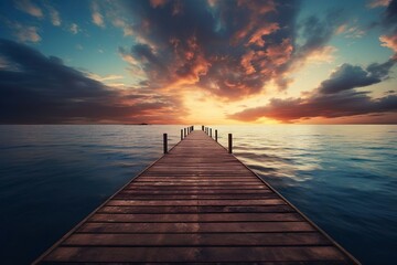 wooden dock pier on the water at sunset, sea summer background with beautiful landscape - obrazy, fototapety, plakaty