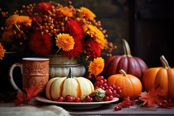 Naklejka na ściany i meble Modern table setting for thanksgiving, halloween, wedding with pumpkins and autumn flowers