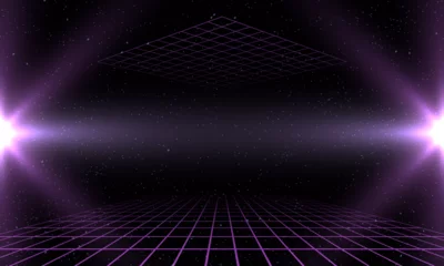 Foto op Aluminium Synthwave vaporwave retrowave cyber background with copy space, laser grid, starry sky, blue and purple glows with smoke and particles. Design for poster, cover, wallpaper, web, banner, etc.  © Kateryna