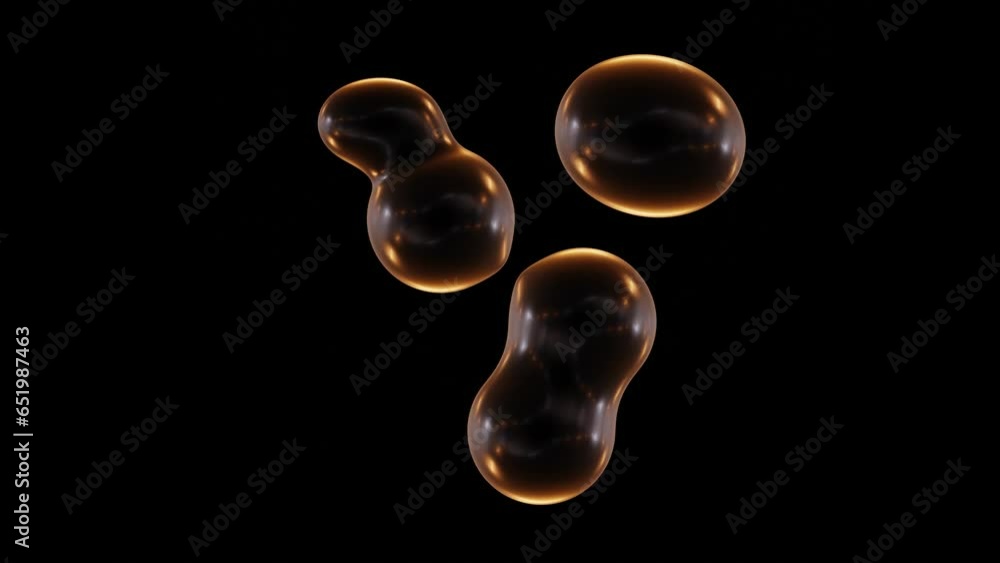Poster animation of glowing glass metaballs isolated on black background in 3d rendering. smoothly motion o