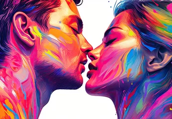 Foto op Plexiglas Passionate kiss between charming handsome lovers. Colorfull image of loving couple. Cropped close up profile. Digital art in the style of a painted picture. Illustration for cover, card or print. © Login