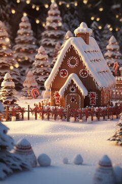 Christmas background with gingerbread house. Festive greeting card with xmas scienery
