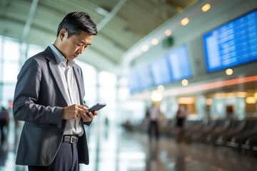 A middle-aged Asian man in front of an information board at the airport. He checks online check-in via a smartphone app.