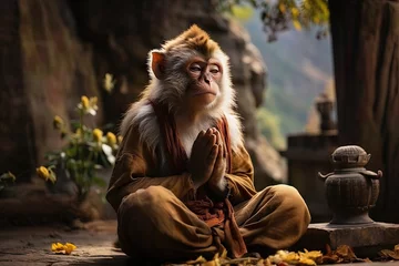 Fototapete Rund Monkey macaque sitting in classic yoga meditation pose, in a prayer position. © mitarart