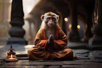 Monkey macaque sitting in classic yoga meditation pose, in a prayer position. - obrazy, fototapety, plakaty