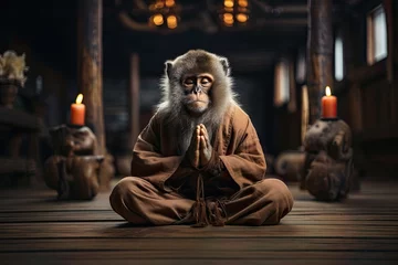 Foto op Plexiglas Monkey sitting in classic yoga meditation pose, closed eyes. © mitarart
