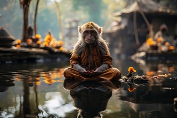 Monkey sitting in classic yoga meditation pose, closed eyes. - obrazy, fototapety, plakaty