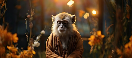 Monkey sitting calmness, with closed eyes, in a lotus pose at cozy place. - obrazy, fototapety, plakaty