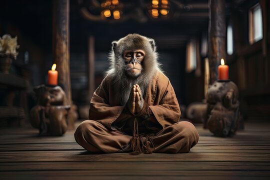 Monkey sitting in classic yoga meditation pose, closed eyes.