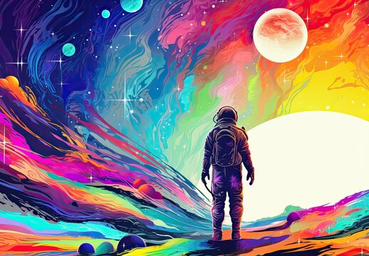 A drawing of an astronaut taking steps on another planet. An explorer of new worlds.  Concept of space exploration. Unreal landscape with astronaut walking forward. Illustration for cover, card, stamp