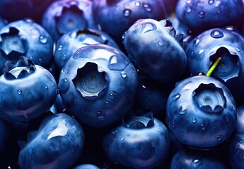 Water drops on ripe sweet blueberries berries. Fruit background. Food ecology and agriculture. Illustration for banner, poster, cover, brochure or presentation. - obrazy, fototapety, plakaty