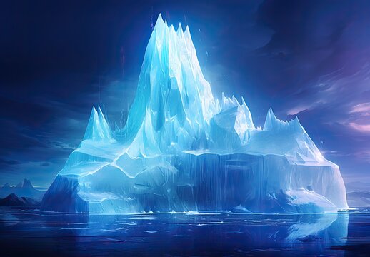 A beautiful and massive iceberg floating in cold water. Scenic view of the sea with a floating glowing ice floe in the night. Illustration for cover, postcard, greeting card, interior design, decor.