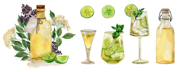 Elderflower alcoholic cocktail, sparkling wine, homemade beverage, healthy drink, hugo spritz, elderflower tea, elderflowers liquor, aperitif. Drink illustration, menu, recipe, cocktail bar, party
