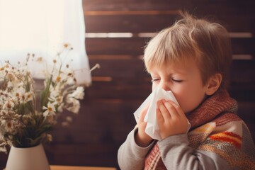 allergies and colds in a small child. boy blowing his nose into a handkerchief 