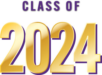 Class of 2024 text in Purple and Gold Metallic on White or Transparent Background with 3d Effect