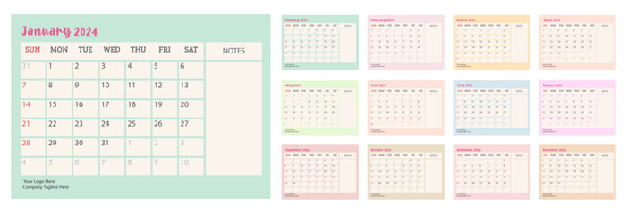 Desk calendar 2024 with minimal design and colorful monthly pages. week start on sunday. use as planner, business template , schedule, etc.