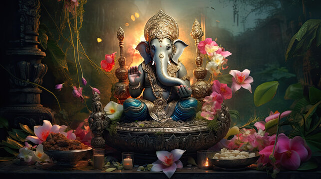 the ganesha are pictured in their sitting pose.