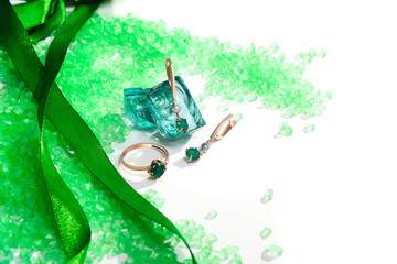 Elegant jewelry set. Jewellery set with gemstones. Jewelry accessories collage. Product still life...