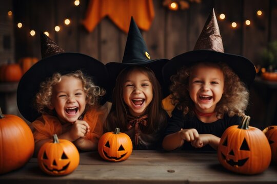 halloween concept. three children little girls happy in costumes and hats celebrate halloween with orange pumpkins on dark background 