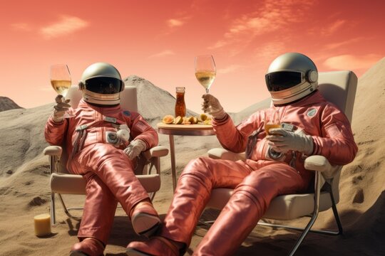 two astronauts on the planet mars drinking a cocktail on vacation