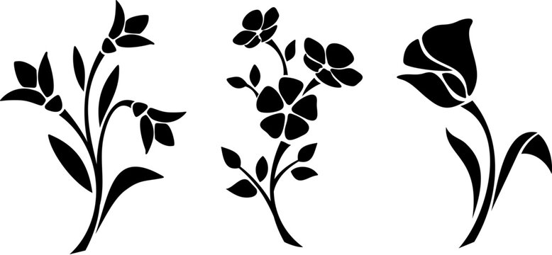 Flowers. Black silhouettes of flowers isolated on a white background. Vector illustration