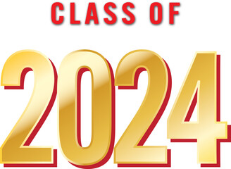 Class of 2024 text in Red and Gold Metallic on White or Transparent Background with 3d Effect