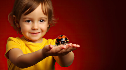 Little boy holding a ladybug on a red background with copy space.