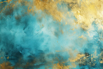 Abstract blue and gold background with stains and grunge texture.