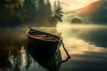 Rustic Fisherman boat lake. Fishing rod. Generate Ai