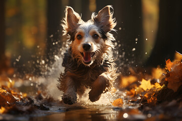running dog through the leaves - obrazy, fototapety, plakaty