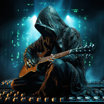 abstract dark power coming out Hooded Hacker Heavy Metal guitar player