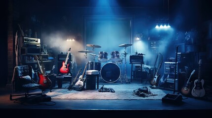 music room with guitars and drums - obrazy, fototapety, plakaty
