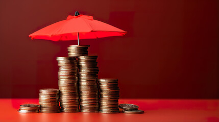 An umbrella sheltering a stack of coins against a red background, symbolizing the concept of safeguarding money and investments