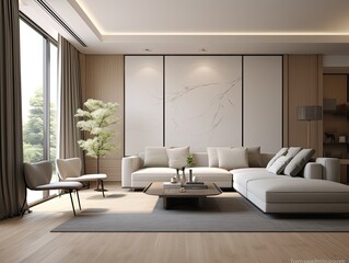 modern minimalist interior design of living room with soft light in warm white color and sofa