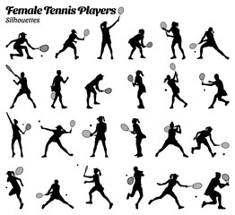 Fototapeta na wymiar Collection of vector illustrations of tennis tournament silhouettes of female tennis sport players.