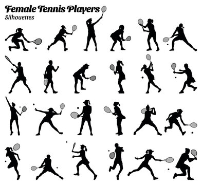 Collection of vector illustrations of tennis tournament silhouettes of female tennis sport players.