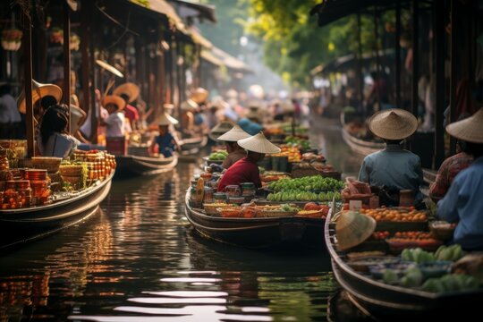 Picturesque Floating food market river. Canal river. Generate Ai