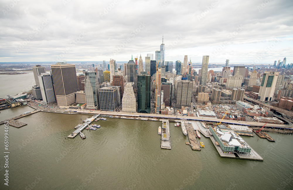 Sticker Downtown Manhattan aerial skyline from helicopter in winter season, New York City - USA