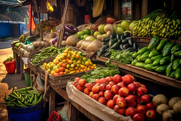 vegetables on the market, fruit and vegetable stall in a busy urban market