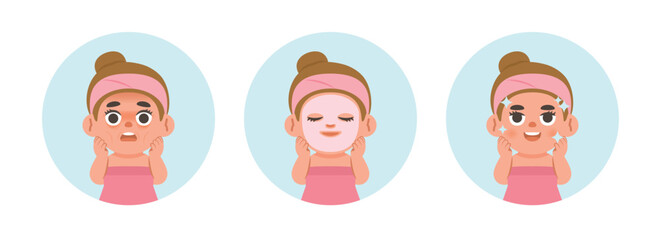Step of face masking half body white girl illustration cartoon character vector design on white background. beauty concept.