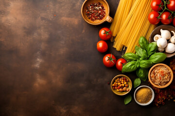 Top-down view of traditional Italian dish with spaghetti ingredients and blank area for text, ingredients for cooking
