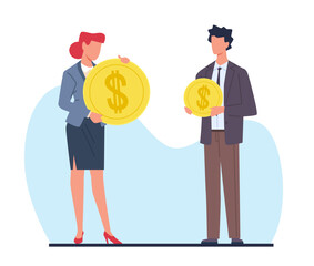 Concept of difference in earnings, man and woman holding different dollar coins. Inequality in salary, different opportunities for male and female employee, vector cartoon flat illustration