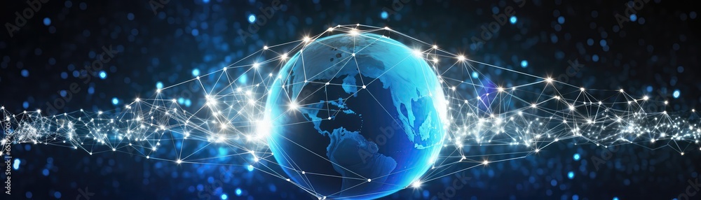 Poster futuristic blockchain technology with world globe and polygon network panoramic banner