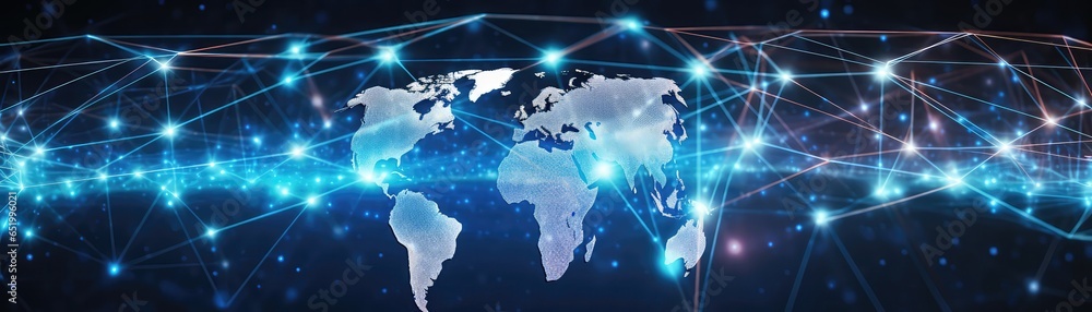 Poster futuristic blockchain technology with world globe and polygon network panoramic banner